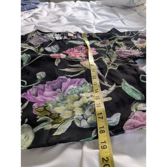 H&M Blouse Women's 6 Black Purple Green Sheer Floral Birds Top Romantic Ruffles - Picture 12 of 12